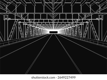 Um desenho preto e branco de uma ponte apresenta treliças e vigas intrincadas, apresentando um projeto de engenharia detalhado. A estrada se estende através da estrutura, enfatizando perspectiva e profundidade.