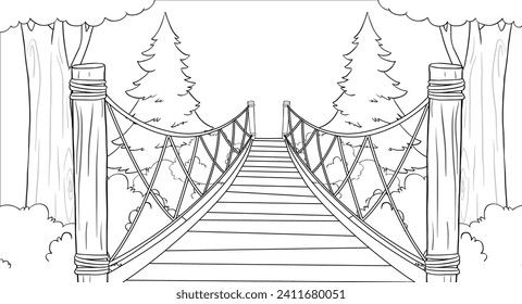 Black and white drawing of a bridge in a forest