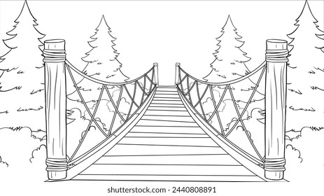 Black and white drawing of a bridge in a forest