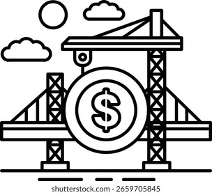 Dibujo en blanco y negro de un puente con un Iniciar sesión de un dólar Grande en el medio. El signo del dólar está rodeado por un círculo y se coloca encima de una grúa. Concepto de construcción y riqueza