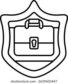A black and white drawing of a briefcase with a keyhole. The briefcase is placed in the center of the shield, and the shield is surrounded by a border. Concept of security and protection