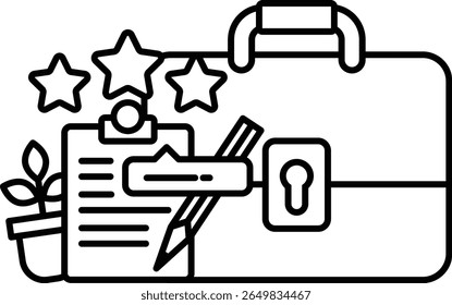 Desenho a preto e branco de uma pasta com uma caneta e um pedaço de papel. O papel tem estrelas nele e a pasta tem uma fechadura. Conceito de organização e produtividade