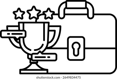 Um desenho preto e branco de uma pasta com um troféu e três estrelas. O troféu é colocado no topo da pasta, e as estrelas estão espalhadas em torno do troféu. Conceito de realização e sucesso