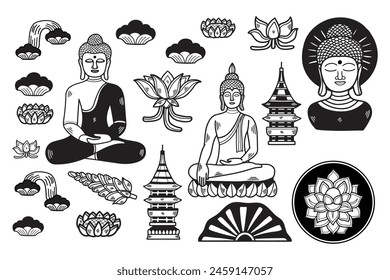 A black and white drawing of a Buddhist monk, a lotus flower, and a pagoda