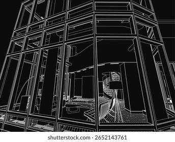 A black and white drawing of a building interior features a prominent spiral staircase, surrounded by scattered chairs and tables. The dark background creates a mysterious and moody atmosphere.