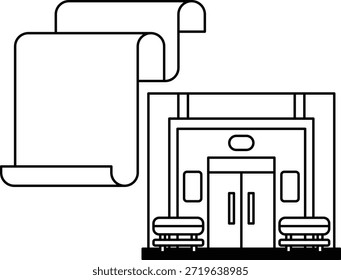 A black and white drawing of a building with a scroll on the left side. The scroll is on a piece of paper. The building is a store with a door on the right side