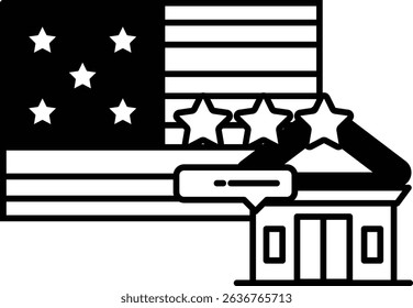 A black and white drawing of a building with a star on it and a flag with stars on it