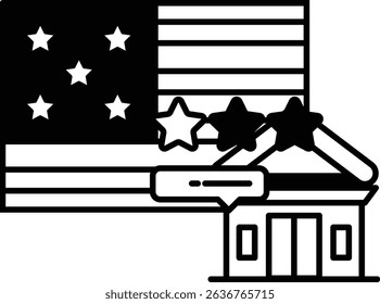 A black and white drawing of a building with a star on it and a flag in the background
