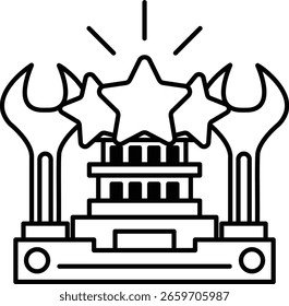A black and white drawing of a building with three stars and a wrench. The wrench is pointing upwards and the stars are shining brightly. The drawing conveys a sense of achievement and success