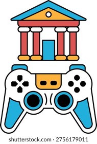 A black and white drawing of a building and a video game controller. The controller is placed on top of the building, giving the impression of a futuristic cityscape. The building is tall