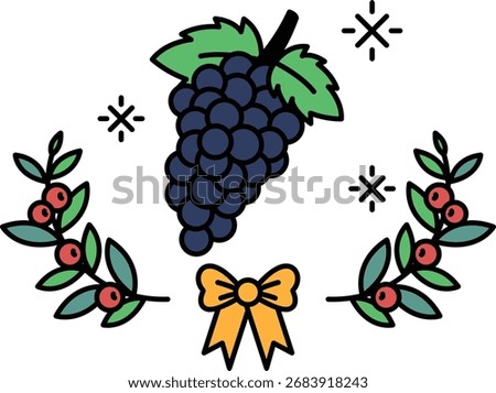A black and white drawing of a bunch of grapes and leaves. The grapes are surrounded by a wreath of leaves and a bow. Concept of abundance and celebration, as the grapes are a symbol of prosperity