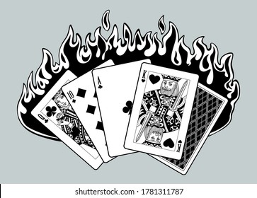 Black and white drawing of burning playing cards. Vector illustration