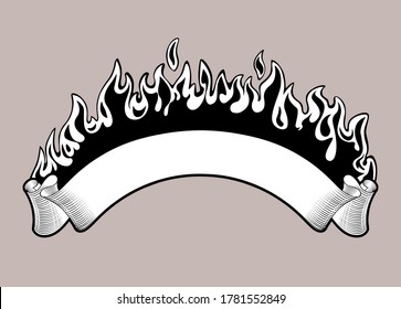 Black and white drawing of burning ribbon banner. Vintage design element. Vector illustration