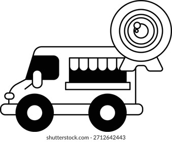 Un dibujo en blanco y negro de un autobús con una cámara encima. La cámara apunta al suelo