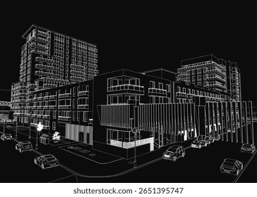 A black and white drawing of a bustling city street at night, featuring tall buildings, glowing streetlights, moving vehicles, and trees under a starry sky.