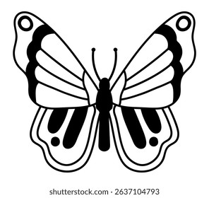 Black and white drawing of a butterfly opening its wings, showing its beautiful patterns and antennae, perfect for nature and insect lovers