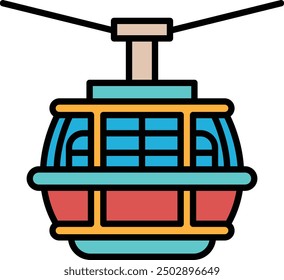 A black and white drawing of a cable car. The cable car is suspended in the air and has a large window on the front. Scene is calm and peaceful, as the cable car seems to be suspended in mid-air