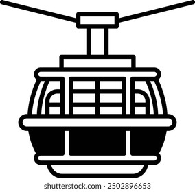 A black and white drawing of a cable car. The cable car is suspended in the air and has a large window on the front. Scene is calm and peaceful, as the cable car seems to be suspended in mid-air