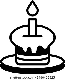 A black and white drawing of a cake with a candle on top. The candle is lit, and the cake is placed on a plate. Concept of celebration and warmth, as the lit candle represents the joy