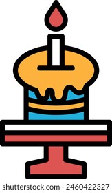 A black and white drawing of a cake with a candle on top. The candle is lit, and the cake is placed on a plate. Concept of celebration and warmth, as the lit candle represents the joy