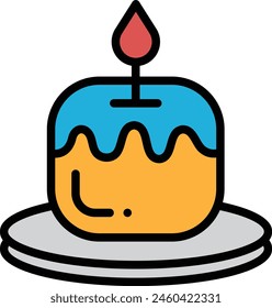 A black and white drawing of a cake with a candle on top. The candle is lit, and the cake is placed on a plate. Concept of celebration and warmth, as the lit candle represents the joy