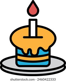 A black and white drawing of a cake with a candle on top. The candle is lit, and the cake is placed on a plate. Concept of celebration and warmth, as the lit candle represents the joy