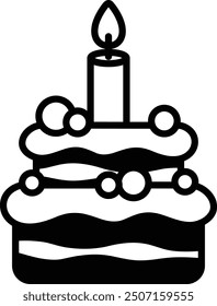 A black and white drawing of a cake with a candle on top. The cake is decorated with frosting and has a candle in the center. Concept of celebration and joy