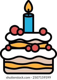 A black and white drawing of a cake with a candle on top. The cake is decorated with frosting and has a candle in the center. Concept of celebration and joy