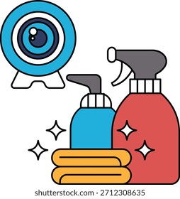 A black and white drawing of a camera, a bottle of spray and a bottle of soap. The camera is in the center of the image and the spray and soap are on the right side