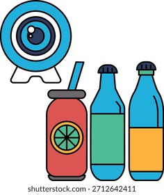 A black and white drawing of a camera, a bottle of juice, and a bottle of beer. The camera is placed in the center of the image, with the juice and beer bottles surrounding it