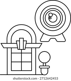 A black and white drawing of a camera and a building. The camera is in the center of the drawing and the building is on the left side