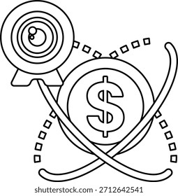 Eine schwarz-weiße Zeichnung einer Kamera und eines Dollarzeichens. Das Dollarzeichen ist in der Mitte der Zeichnung und die Kamera ist auf der linken Seite