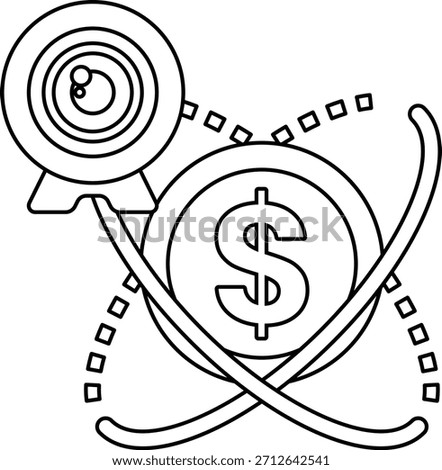 A black and white drawing of a camera and a dollar sign. The dollar sign is in the middle of the drawing and the camera is on the left side