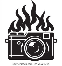 a black and white drawing of a camera with flames coming out of it.