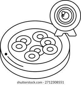 Un dibujo en blanco y negro de una cámara con una Imagen en blanco y negro de una pizza con un montón de círculos
