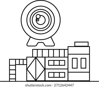 A black and white drawing of a camera with a large lens and a building in the background. The camera is placed in the center of the image and the building is on the right side