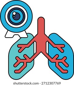 Un dibujo en blanco y negro de una lente de cámara y un par de pulmones. Los pulmones se muestran en detalle, con la lente de la cámara en el fondo. Concepto de curiosidad y exploración