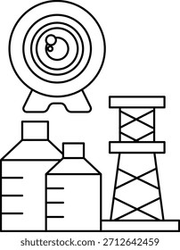 Un dibujo en blanco y negro de una lente de cámara y una planta de energía. La lente de la cámara está en el centro de la Imagen y la planta de energía está en el lado derecho. El dibujo transmite la idea de la tecnología