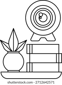 Un dibujo en blanco y negro de una lente de cámara con una planta y libros en el fondo. El dibujo transmite un sentido de creatividad y curiosidad