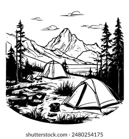 A black and white drawing of a campsite with a tent and a mountain in the background. Scene is peaceful and serene, as it depicts a quiet moment in nature