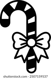A black and white drawing of a candy cane with a bow on it. The image has a whimsical and playful mood