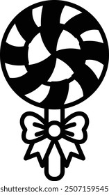 A black and white drawing of a candy cane with a bow on it. The image has a whimsical and playful mood