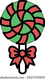 A black and white drawing of a candy cane with a bow on it. The image has a whimsical and playful mood