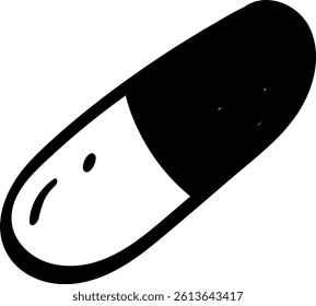 Black and white drawing of a capsule pill with a face-like appearance on one half. Minimalist design suitable for medical, pharmaceutical, and health-related concepts.  