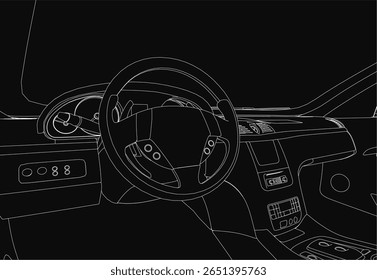 Um desenho preto e branco do interior de um carro apresenta um volante elegante, velocímetro detalhado e controles modernos do painel. O fundo escuro melhora a estética sofisticada do veículo.