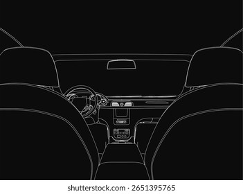 Um desenho preto e branco do interior de um carro com o volante, o painel e os assentos contra um fundo escuro. O elegante estilo monocromático cria uma estética moderna e minimalista.