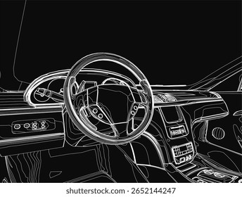 Desenho preto e branco do interior de um carro com um volante detalhado, velocímetro e controles de painel. O fundo escuro realça a atmosfera misteriosa e clássica.