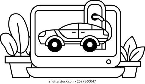 A black and white drawing of a car with a key on it. The car is parked in front of a plant