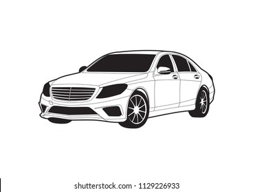 black and white drawing of car sedan on white background. Mercedes-Maybach S-Class.
