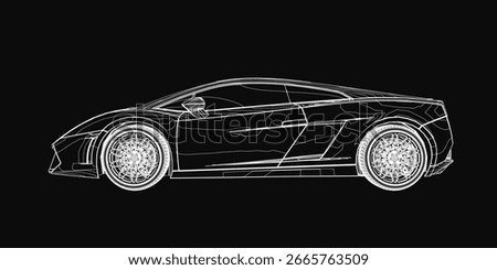 A black and white drawing of a car stands out against a sleek black background. The detailed sketch highlights the car's aggressive lines, sharp angles.